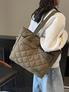 Army green quilted puffer tote bag with diamond pattern for women's stylish daily use