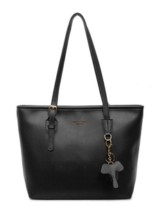 Large black tote bag with gold hardware and elephant charm on white background