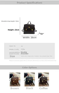 Detailed spec sheet showing PU leather backpack dimensions and texture options