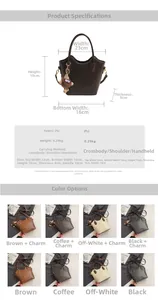 Detailed size specifications and color variants of the PU leather bucket bag with plush charm