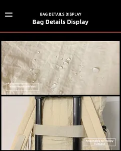 Detail of waterproof nylon fabric and luggage strap on cream travel backpack