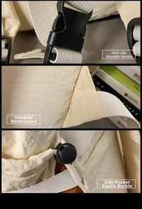 Detail of non-slip buckles, reinforced stitching and elastic side pocket toggles