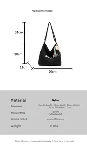 Detailed size guide for black nylon tote bag showing 30x30x11cm dimensions and adjustable strap