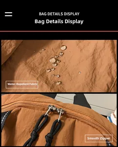 Detalle de la tela de nailon repelente al agua y doble cremallera suave en la mochila marrón