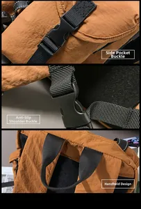 Detalle de la mochila que muestra la hebilla lateral, correa de pecho y asa reforzada