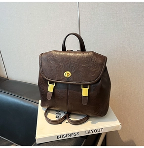 Close-up of dark brown vintage backpack with textured leather and gold clasp