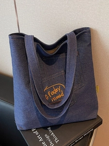 Women Large Capacity Canvas Tote Bag Embroidery Letter Design Casual Shoulder Bag Denim Style Handbag For Student Daily Commuting