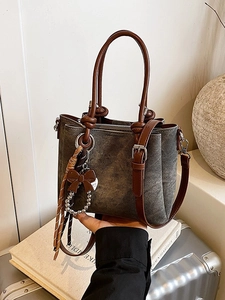 Vintage PU Leather Bucket Bag For Women 2026 Fashion Stitching Crossbody Shoulder Bag With Artificial Pearl Bow Pendant