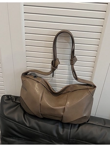 Minimalist brown pleated soft PU leather crossbody shoulder bag with knotted strap detail