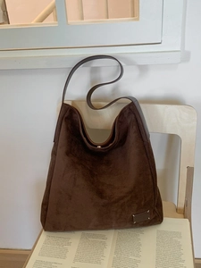 Retro deep brown suede tote bag with large capacity and smooth leather shoulder strap