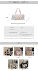 Tabella delle taglie e cinque varianti di colore della versatile borsa da viaggio in tela