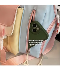 Dettaglio ravvicinato della tasca laterale con cerniera su una borsa da viaggio colorata