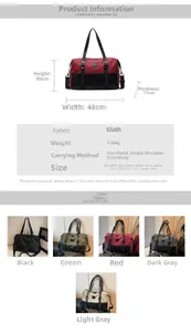 Detailed dimension chart and multi-color options for the large capacity travel duffel bag