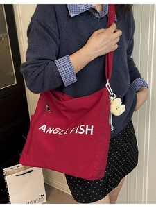 Red large capacity canvas shoulder bag with Angel Fish print and heart plush pendant