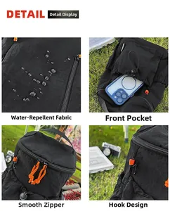 Detailansicht des wasserfesten schwarzen Nylon-Rucksacks mit orangefarbenen Reißverschlusszügen