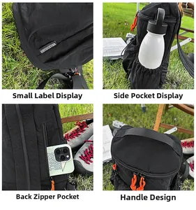 Detail eines schwarzen Nylonrucksacks mit Seitentasche für Flaschen und Diebstahlschutzfach