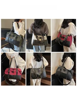 Collage of multi-color large capacity duffel bags showing crossbody and handbag styles