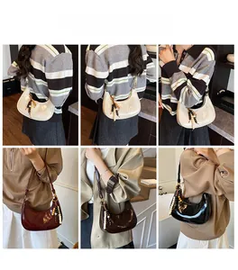 Fashionable crescent shoulder bag shown in multiple colors and styling options on models