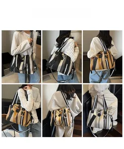 Detail shots of striped canvas gym tote showing crossbody and shoulder carry styles