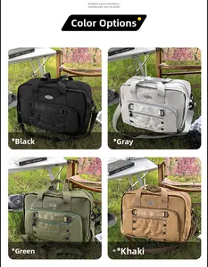 Collage showing black, gray, green, and khaki canvas travel bags on an outdoor lawn