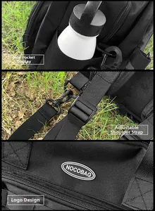 Detail of black canvas travel bag showing side pocket, adjustable strap and logo label