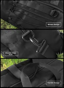 Detail view of the durable black canvas bag showing reinforced weaving and strap hooks