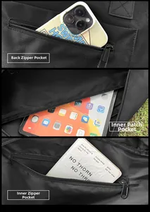 Detailed multi-layer storage view of the durable black travel bag with interior pockets