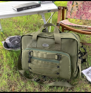 Detail of army green tactical canvas bag with MOLLE system on a grass camping background