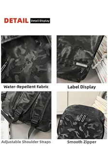 Detail of waterproof camouflage fabric with durable metal zippers and adjustable straps