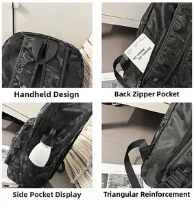 Detail view of top handle, anti-theft zip pocket, side bottle pouch, and reinforced straps