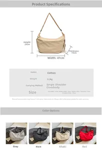 Detailed size chart and multi-color options for the large canvas hobo crossbody bag
