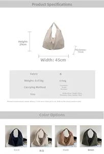 Detailed size chart for large canvas tote bag with 45cm width and fabric specs