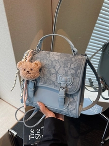 Vintage Floral Pattern Women Backpack PU Leather School Bag For Students Korean Style Bow Bear Charm Trendy Travel Bag