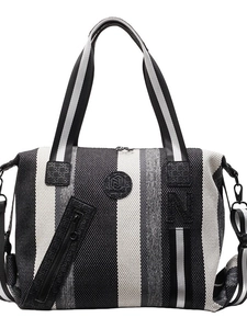 Striped canvas tote bag with large capacity, leather logo and adjustable shoulder strap