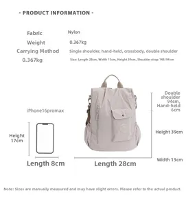 Size guide for nylon multifunctional travel backpack with dimensions and weight specs