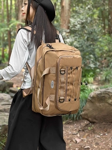 Khaki large capacity canvas travel backpack with multi-functional straps for outdoor hiking