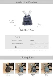 Detail view of mini denim backpack dimensions 17x21x10cm with four color options available