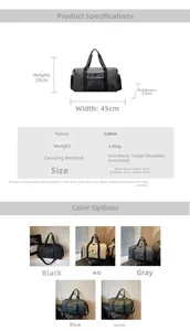 Detailed dimension guide for travel gym bag measuring 45x25x22cm with 0.65kg weight
