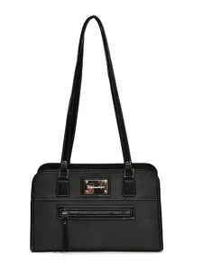 Chic black leather tote with white contrast stitching and spacious long shoulder straps