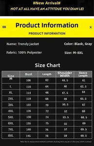 Detailed size chart for men casual baseball jacket ranging from M to 8XL in black and grey