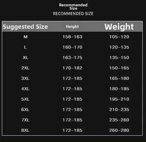 Men's slim fit baseball jacket size chart with height and weight guide from M to 8XL