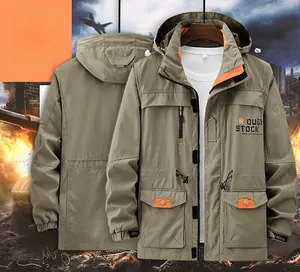 Men's khaki hooded cargo jacket with orange contrast lining and multiple utility pockets