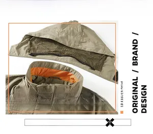 Detail of khaki cargo jacket featuring a detachable hood with breathable mesh lining