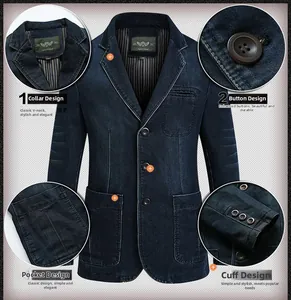 Détails du blazer en denim pour hommes avec revers, boutons, poches et doublure rayée