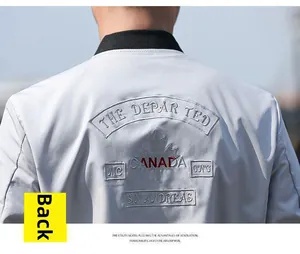 Detailed back view of casual bomber jacket featuring intricate embroidery and ribbed collar