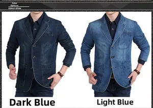Détail du blazer en jean décontracté en délavage bleu foncé et bleu clair avec boutons
