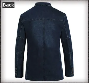 Vue arrière du blazer en jean bleu foncé avec surpiqûres et coudières contrastées