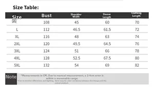 Detailed size chart for men's cargo jacket featuring M to 5XL measurements in CM