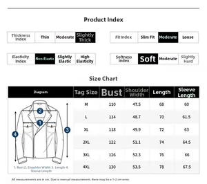Size chart for men's corduroy jacket with measurements for chest width and garment length