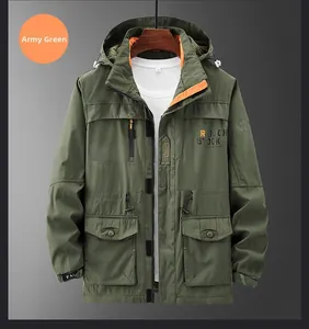Detail of army green hooded jacket with orange lining and adjustable drawstrings